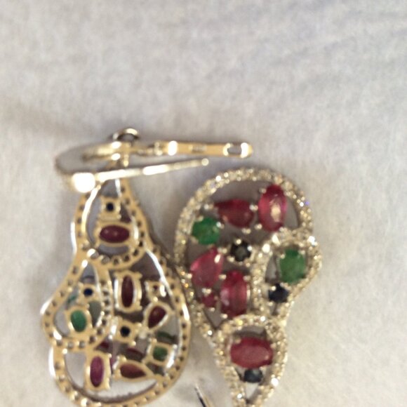 NWT 14k WHITE GOLD Ruby Emerald Sapphire Earrings MSRP $450 - Picture 3 of 5